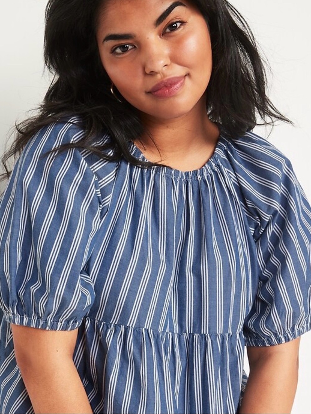 Old Navy Striped Blue & White Puff Sleeve Peasant Top Summer Flowy 100% Cotton